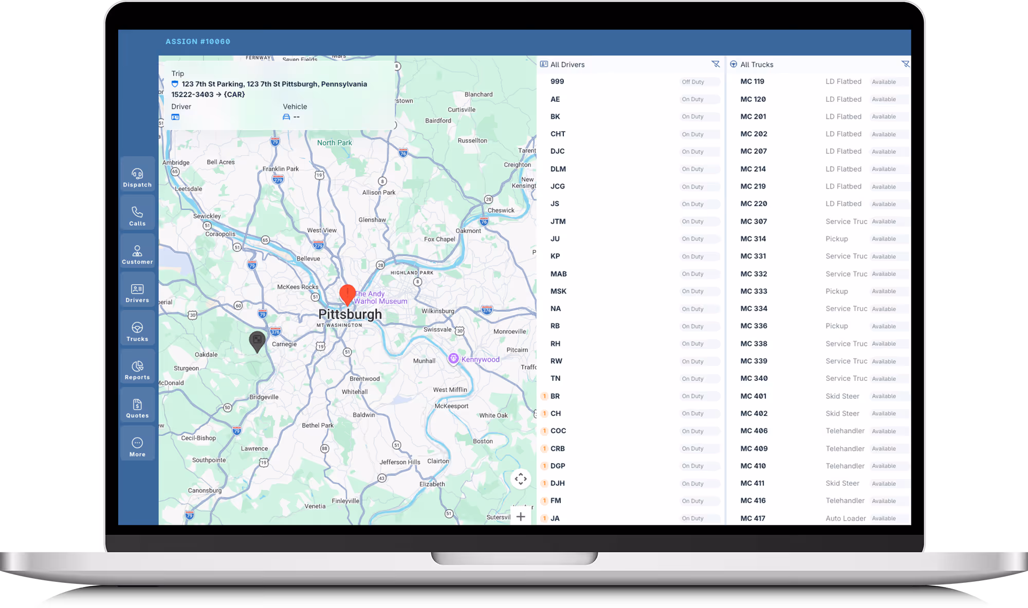 Laptop screen showing a Pittsburgh map with trip details, driver and vehicle info, and lists of drivers and trucks.