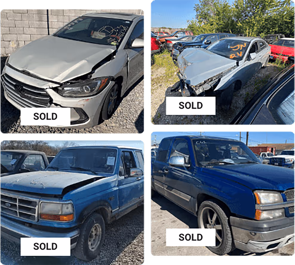 Impound lot vehicles in various conditions with sold tags overlapping