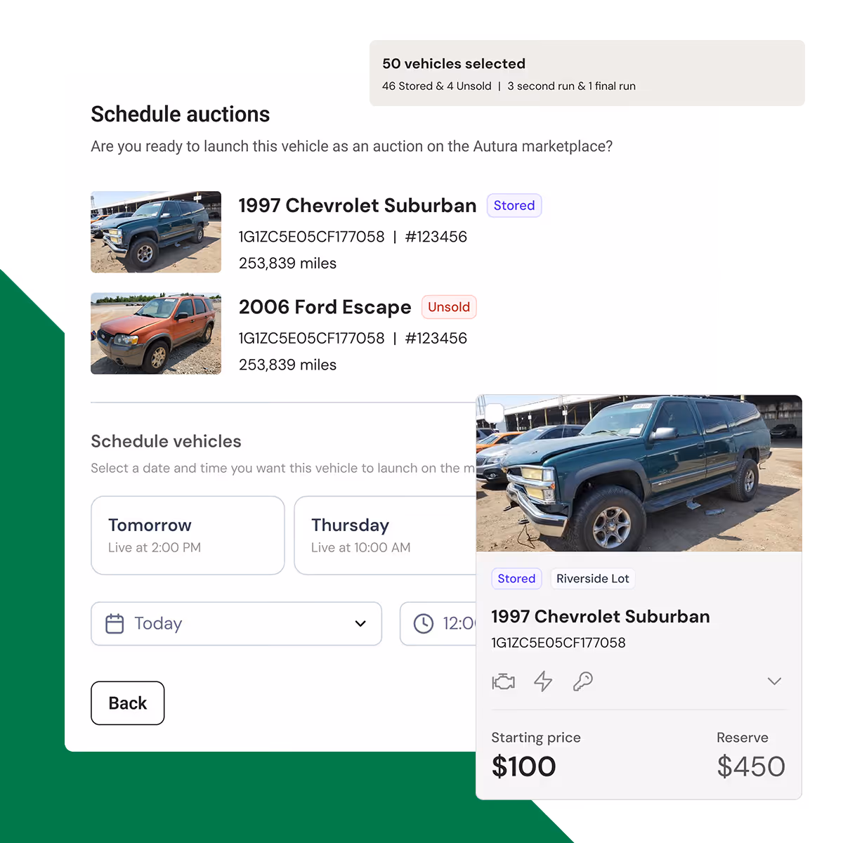 Autura Marketplace screenshots showing how to easily list vehicles on the platform