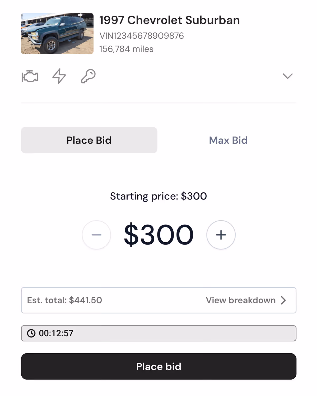 Screenshot showing a bid being placed on a 1997 Chevrolet Suburban