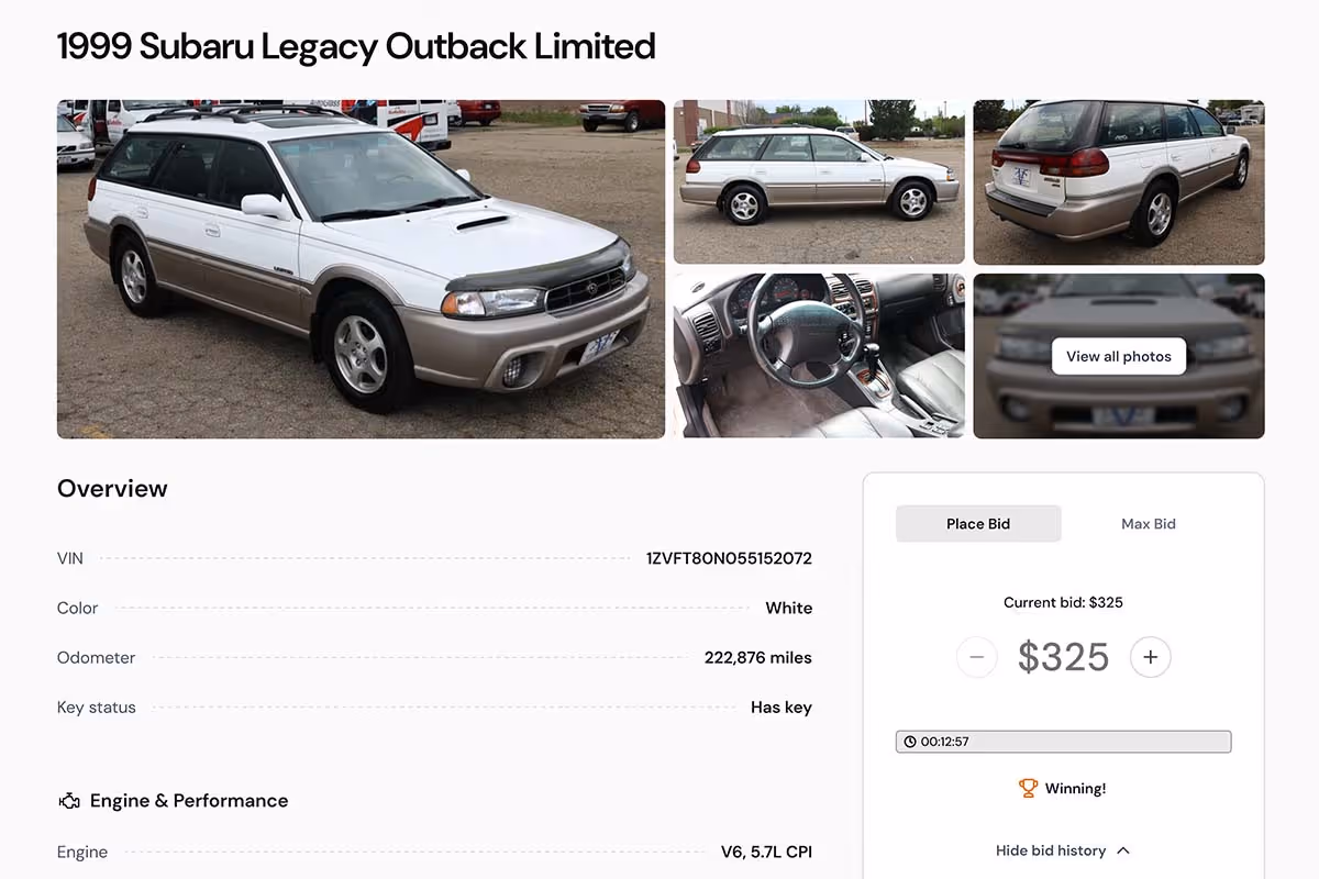 Screenshot showing a 1999 Subaru Legacy Outback Limited listed on Autura Marketplace