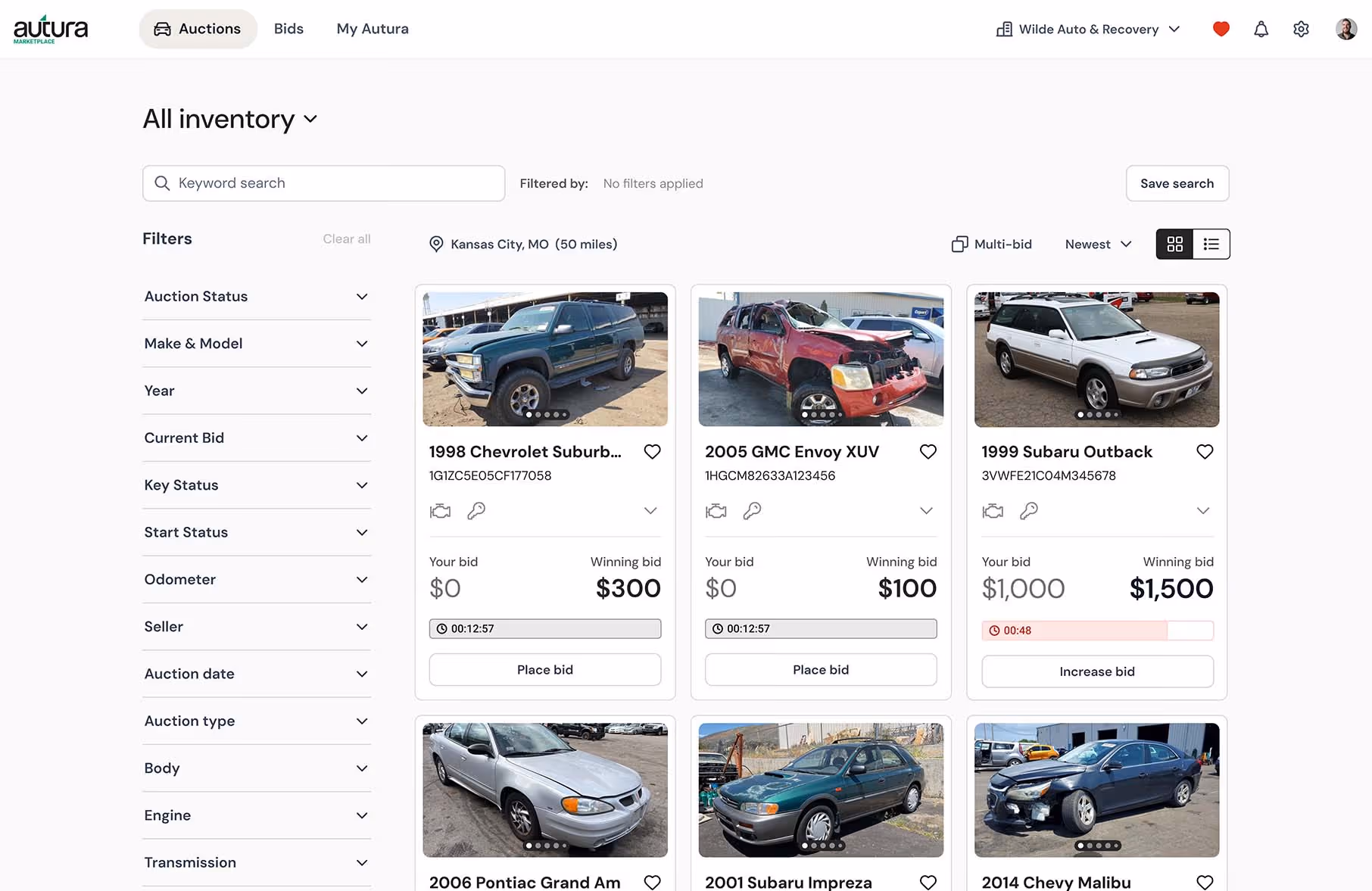 Screenshot of Autura Marketplace showing a listing of unclaimed vehicles in the All Inventory section