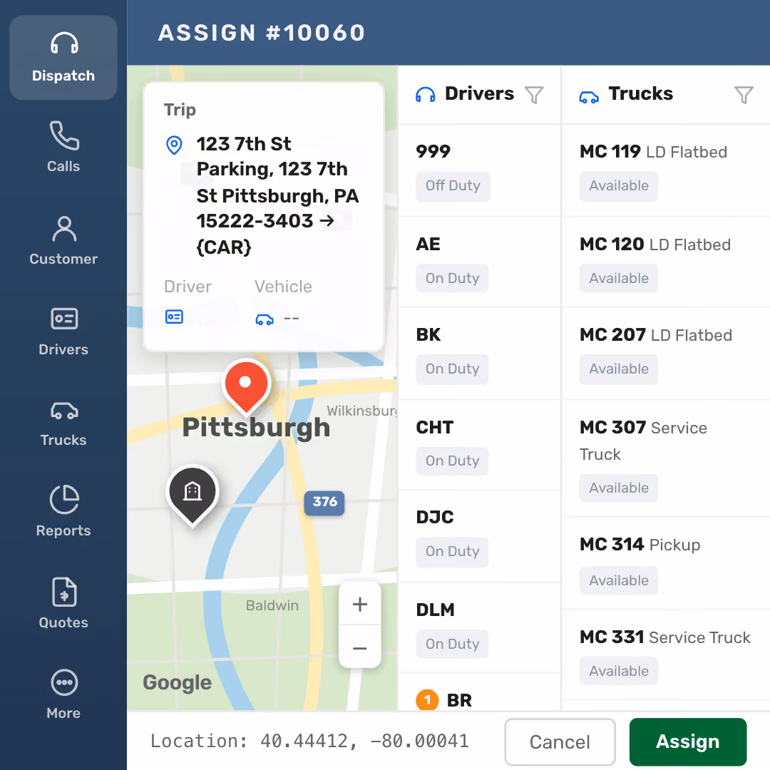 Mockup of Dispatch page in TOPS Towing Management Software