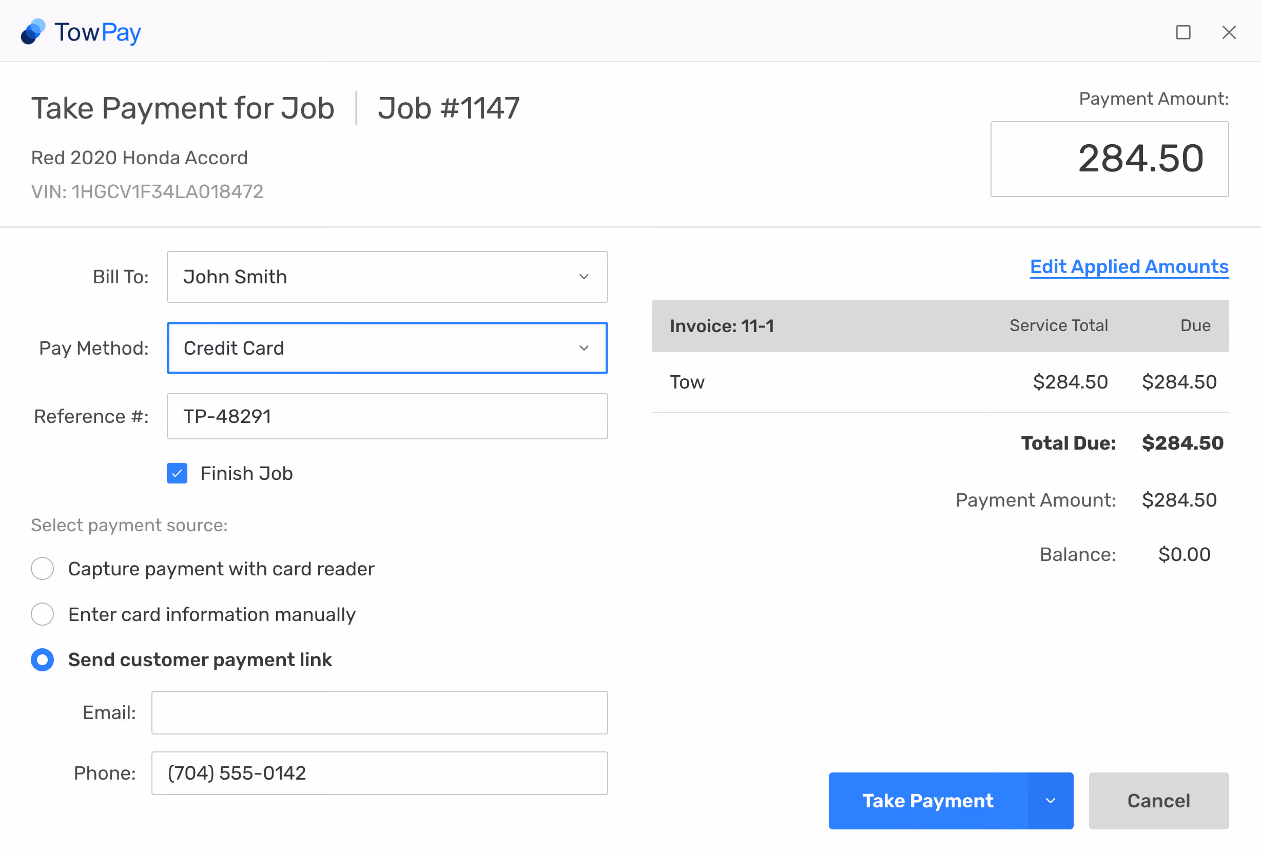 Dispatch Anywhere dashboard showing how to take a payment for an invoice using TowPay