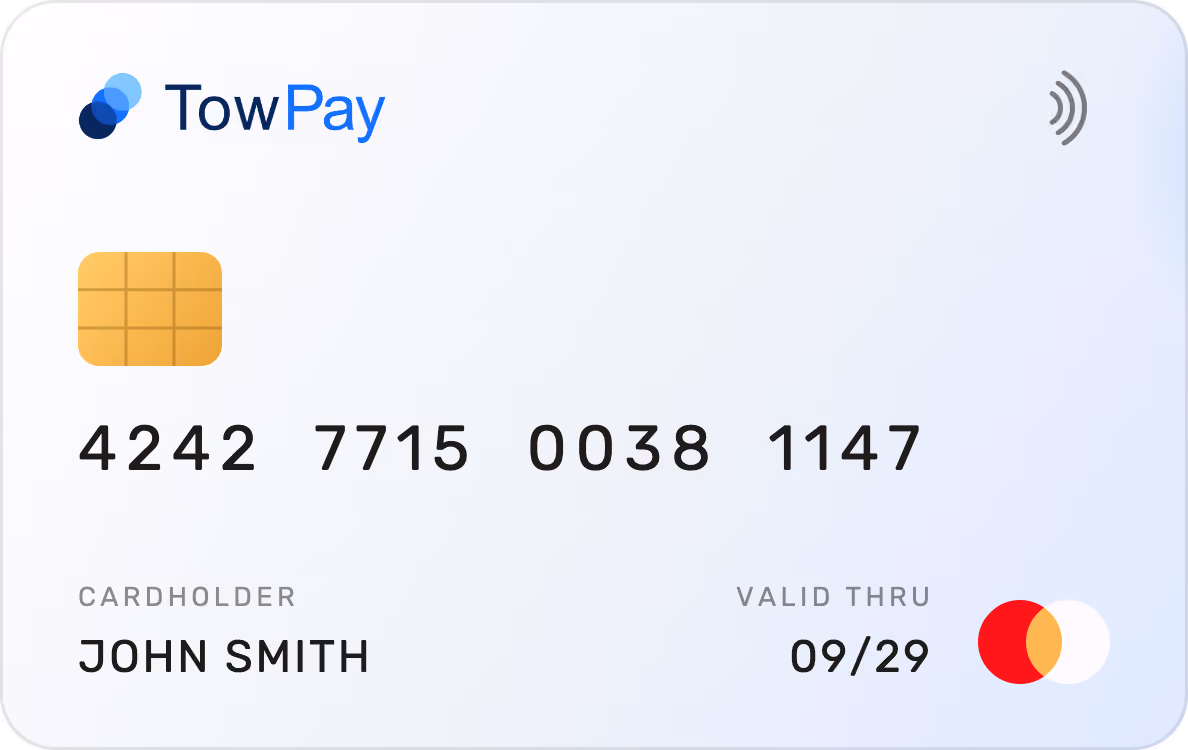 Fake white Mastercard credit card with the TowPay logo in the upper left