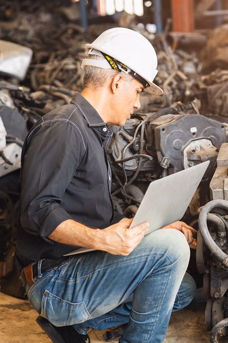 Man in hardhat with a clip board looking at scrap car parts