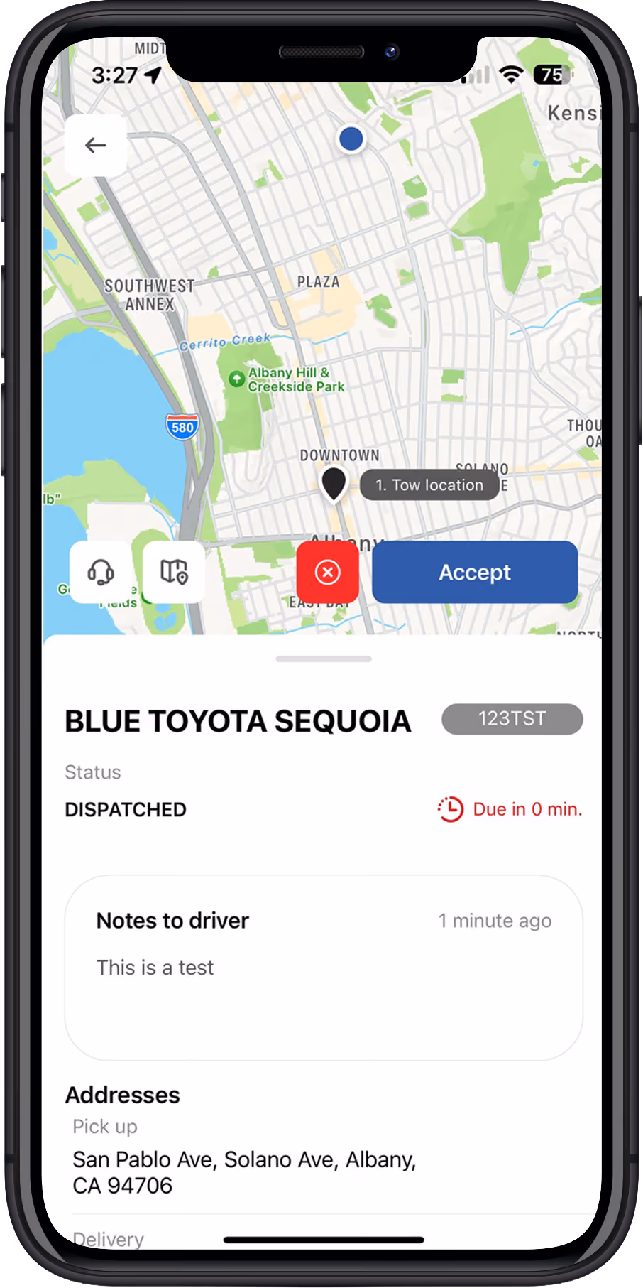 Aries Dispatch mobile companion app that a Tow Provider utilizes to accept a tow request