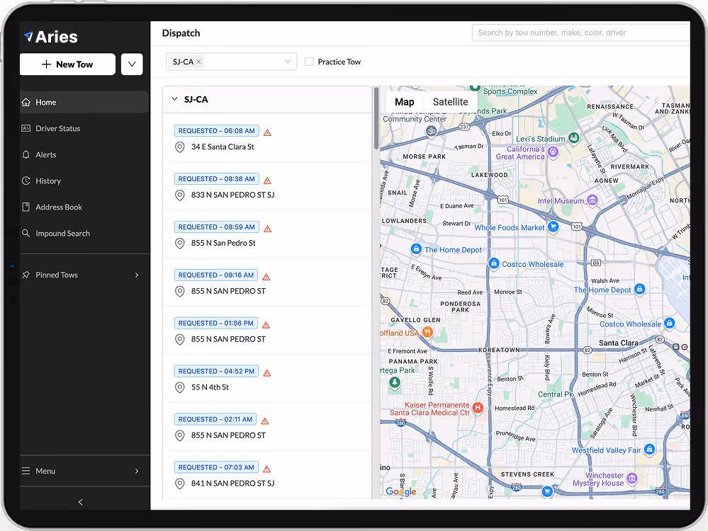 Aries Dispatched mocked up on a tablet showing a map with various tow requests