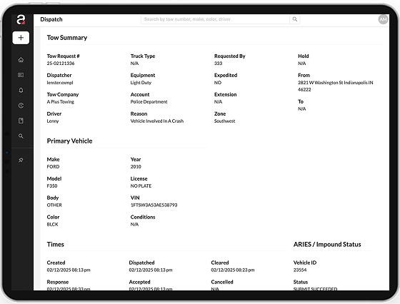 Aries Dispatch screenshot mocked up on a tablet showing a tow summary