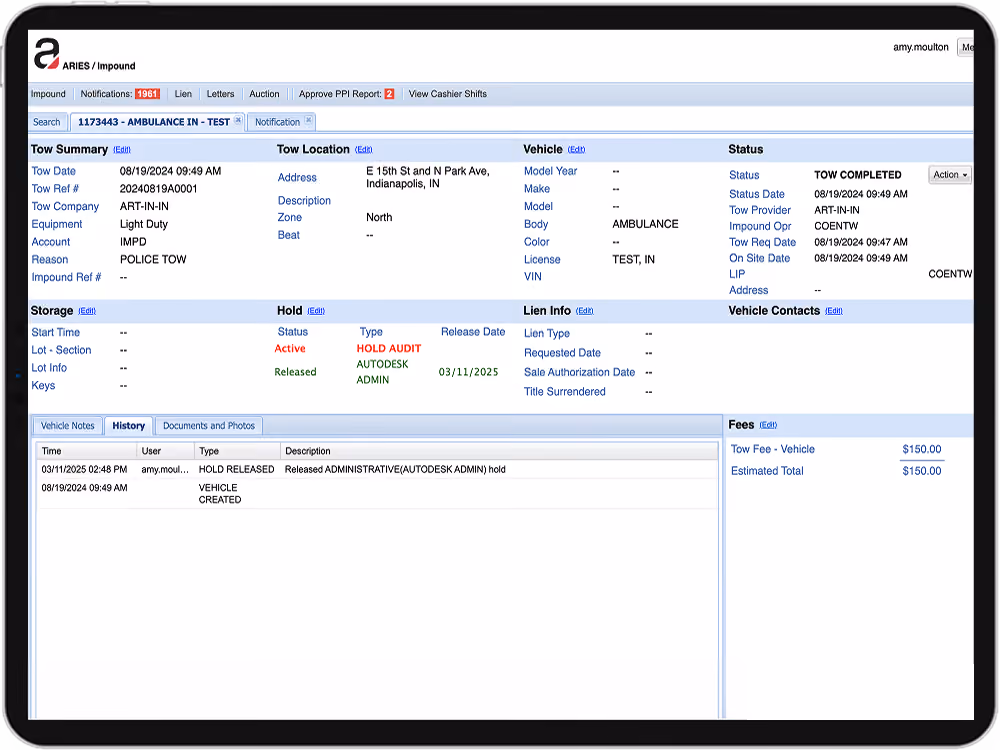 Screenshot of Aries Impound mocked up on a tablet showing a Tow Summary