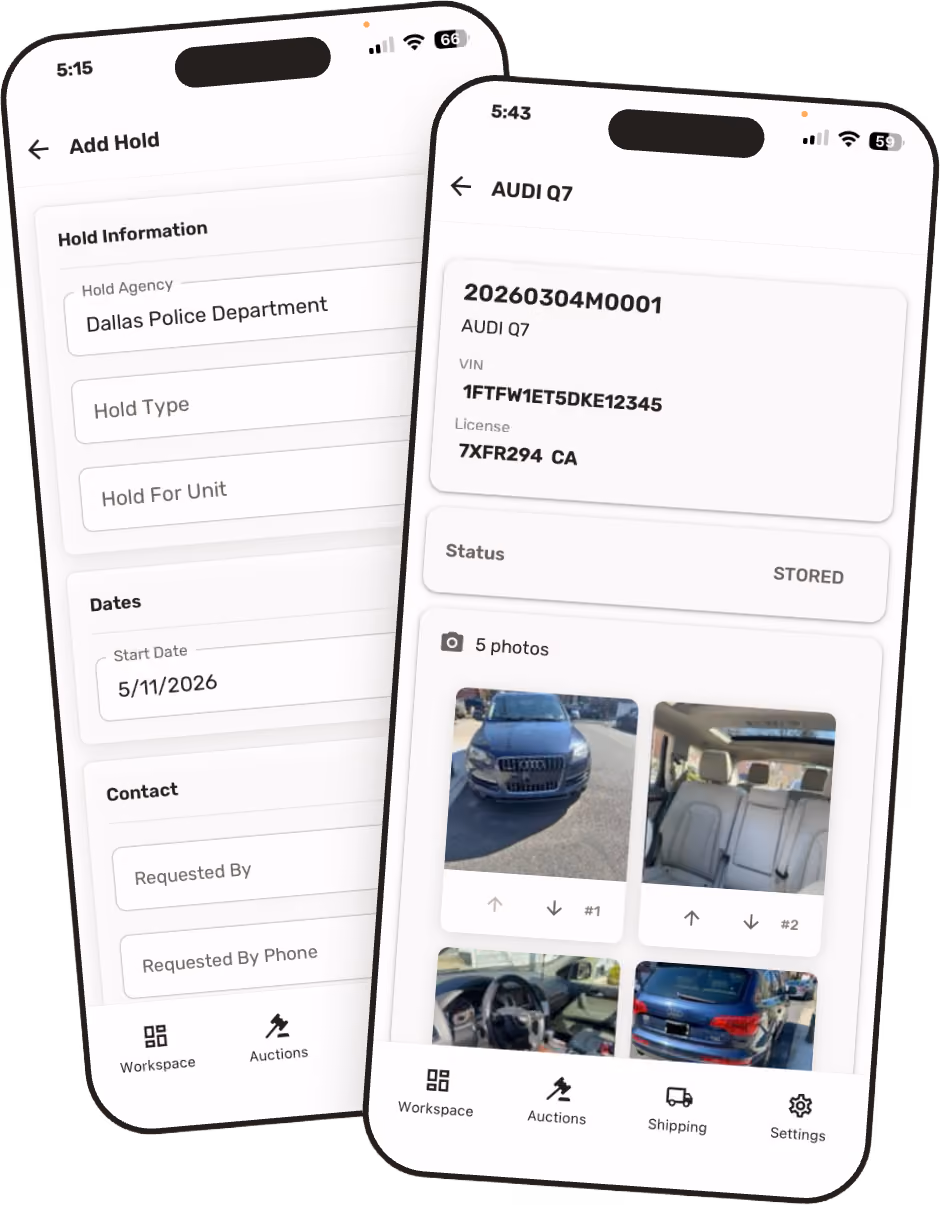 Impound Express mobile application mocked up on two phones