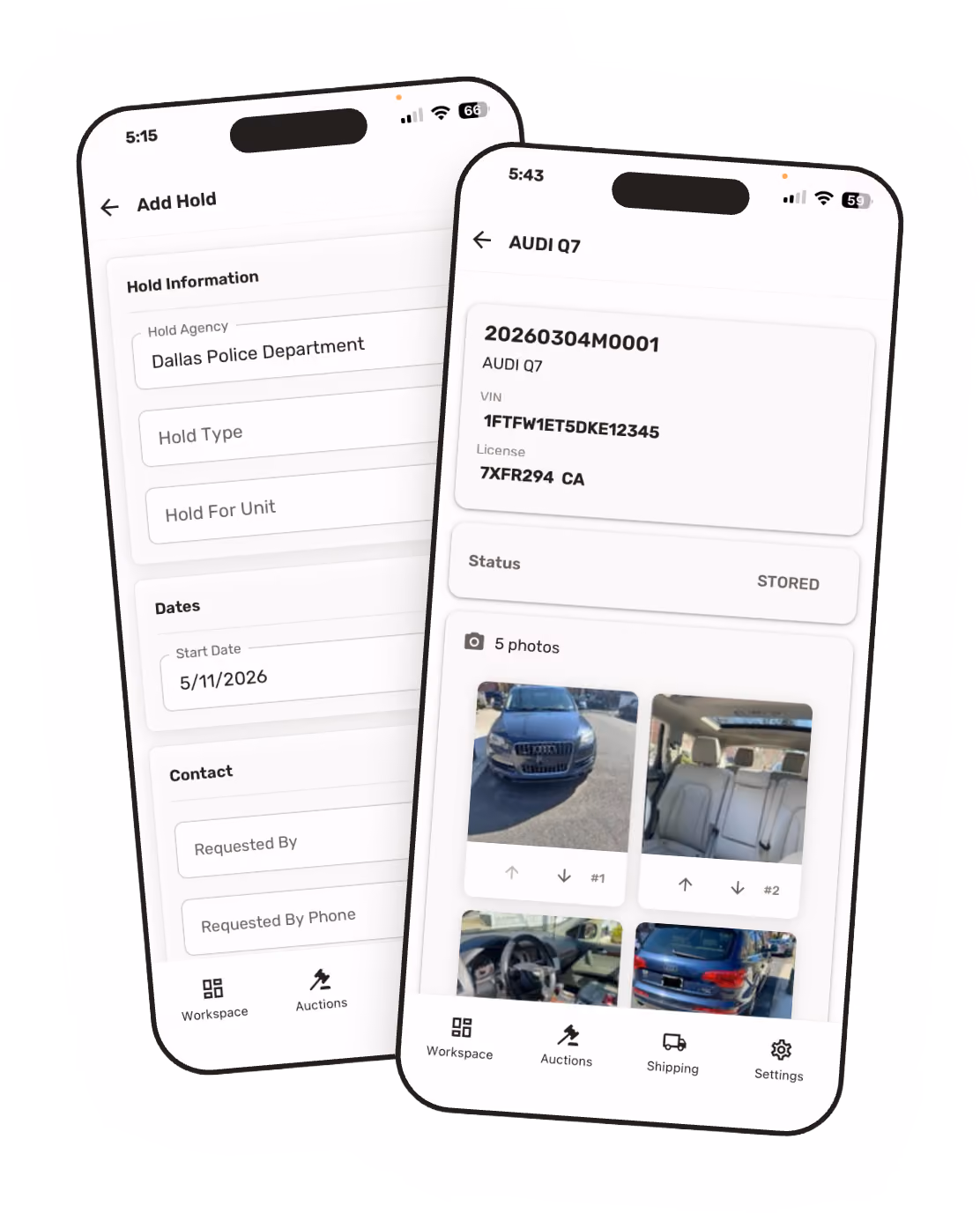 Impound Express mobile application mocked up on two phones