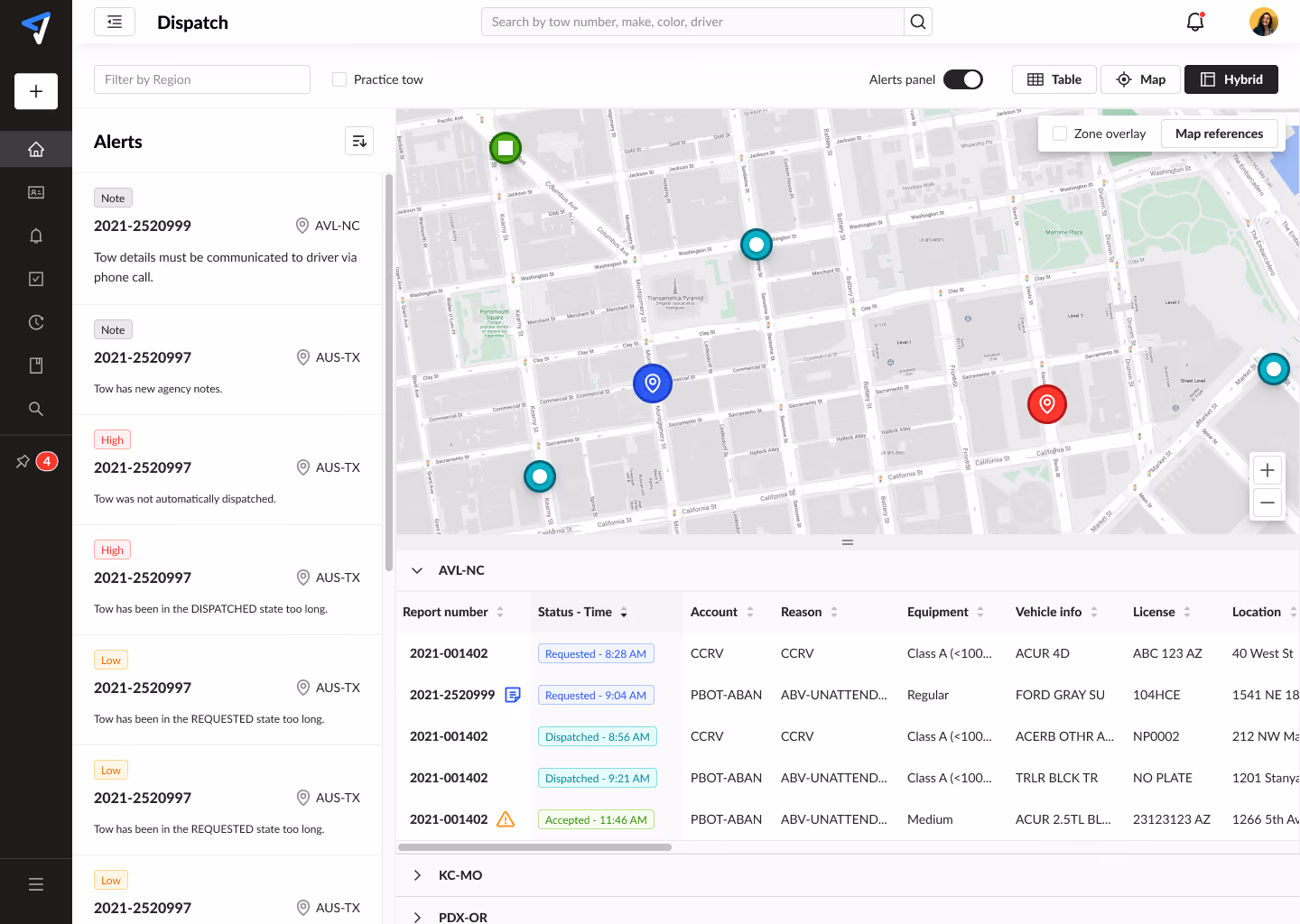 Aries Dispatch map screenshot showing a tow request and alerts