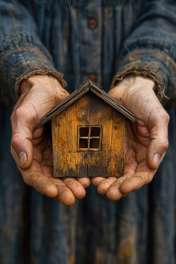 Ältere Person hält ein Holzhaus in der Hand was symbolisch für die Vererbung eines Hauses stehen soll