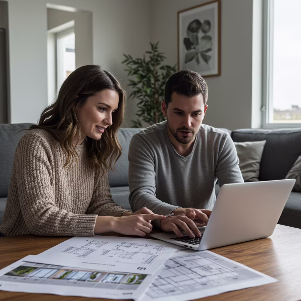 Eine fotorealistische Darstellung des Ablaufs eines Immobilienkaufs in mehreren Schritten: Ein Paar betrachtet Immobilienangebote auf einem Laptop, ein Makler zeigt ein modernes Haus, ein Notartermin mit Vertragsunterzeichnung findet an einem Schreibtisch statt, und schließlich erfolgt die Schlüsselübergabe vor dem gekauften Haus. Die einzelnen Szenen gehen fließend ineinander über oder sind als zeitliche Abfolge dargestellt. Die Umgebung ist modern und professionell, mit natürlichen Lichtverhältnissen und realistischen Details wie Dokumenten, Grundrissen und Schlüsseln.
