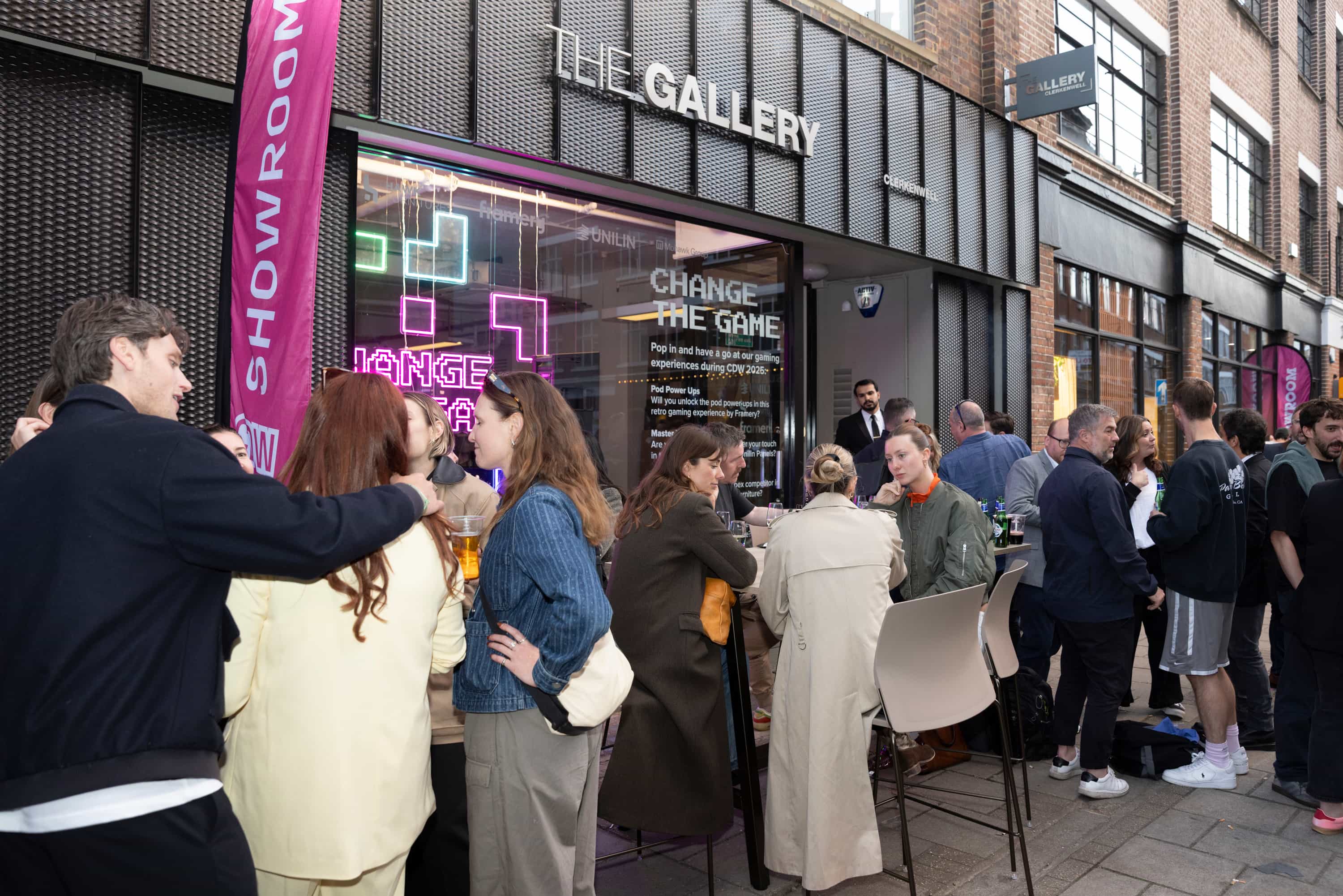 A snapshot of the Clerkenwell Design Week 2025 event, showing the busy streets outside The Gallery Clerkenwell.