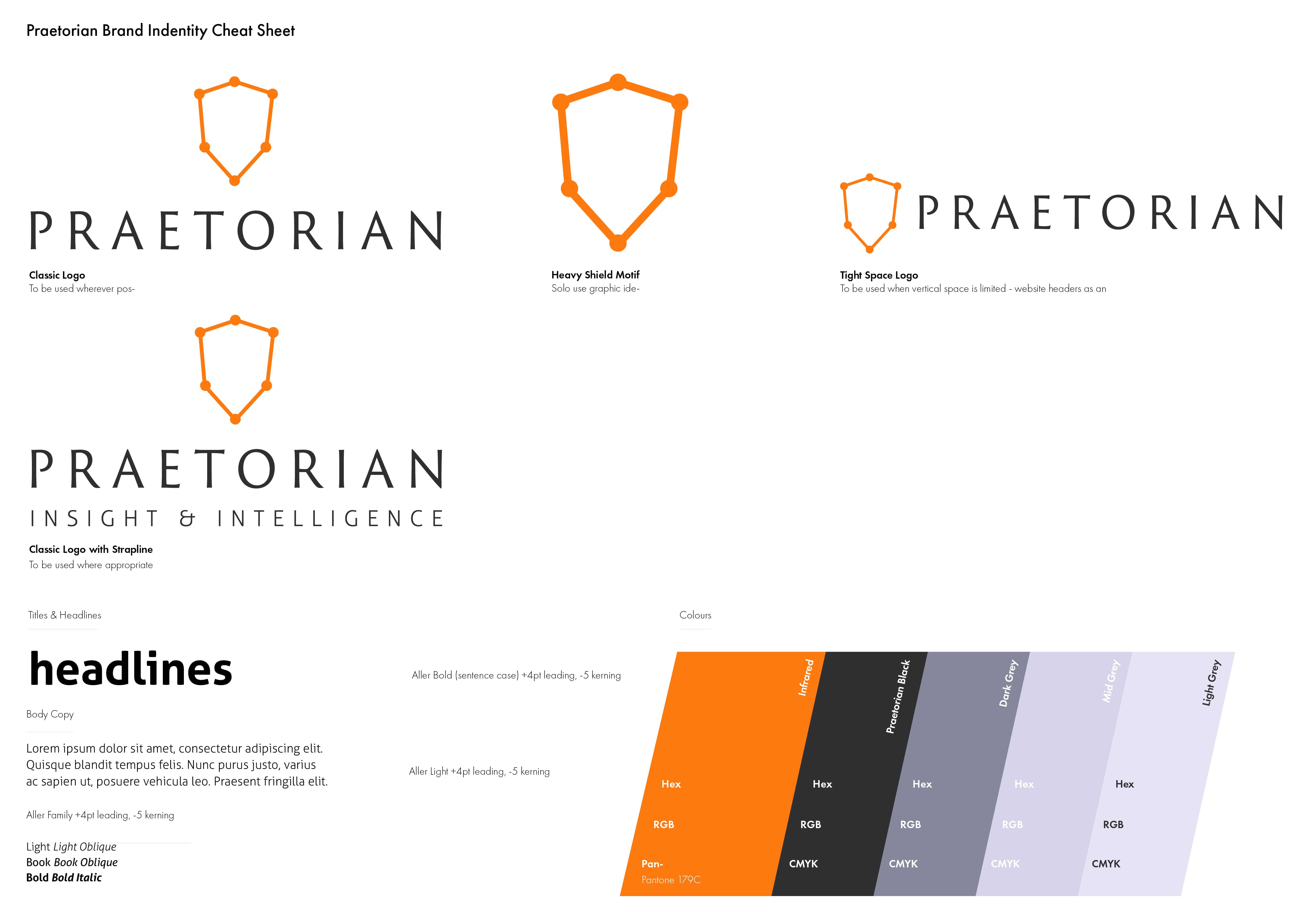 An example of branding work from Select First for Praetorian, displaying brand colours and logo elements.