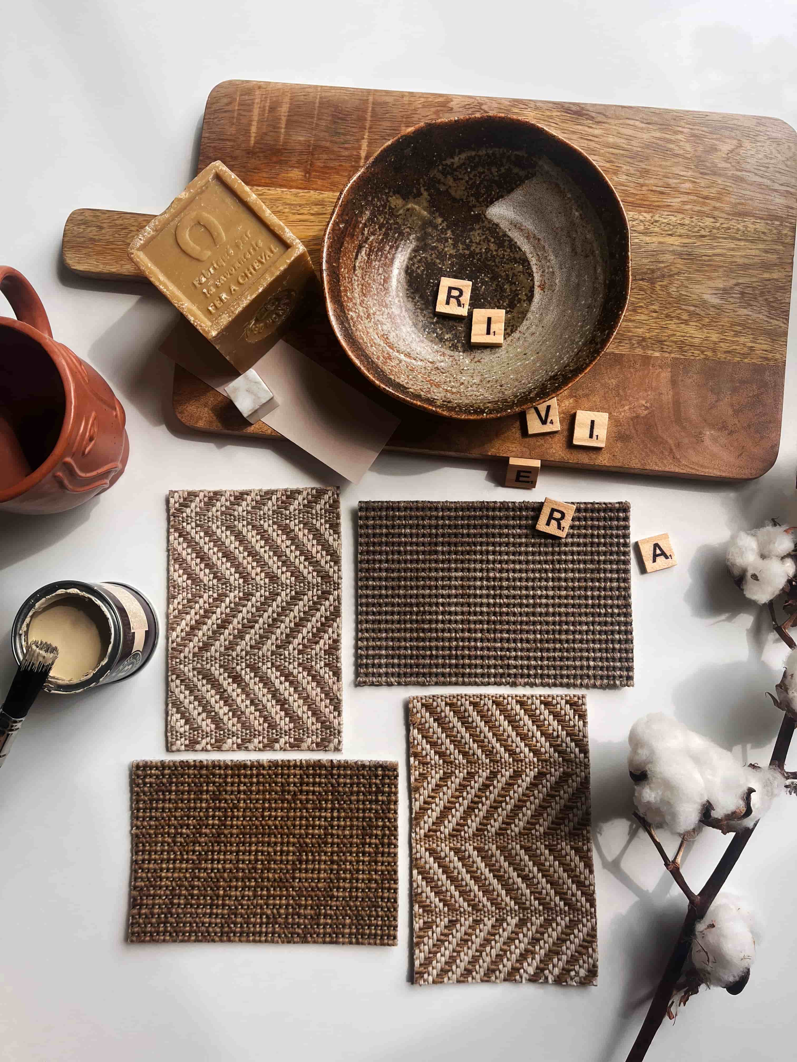 A social media moodboard showing premium carpet samples.