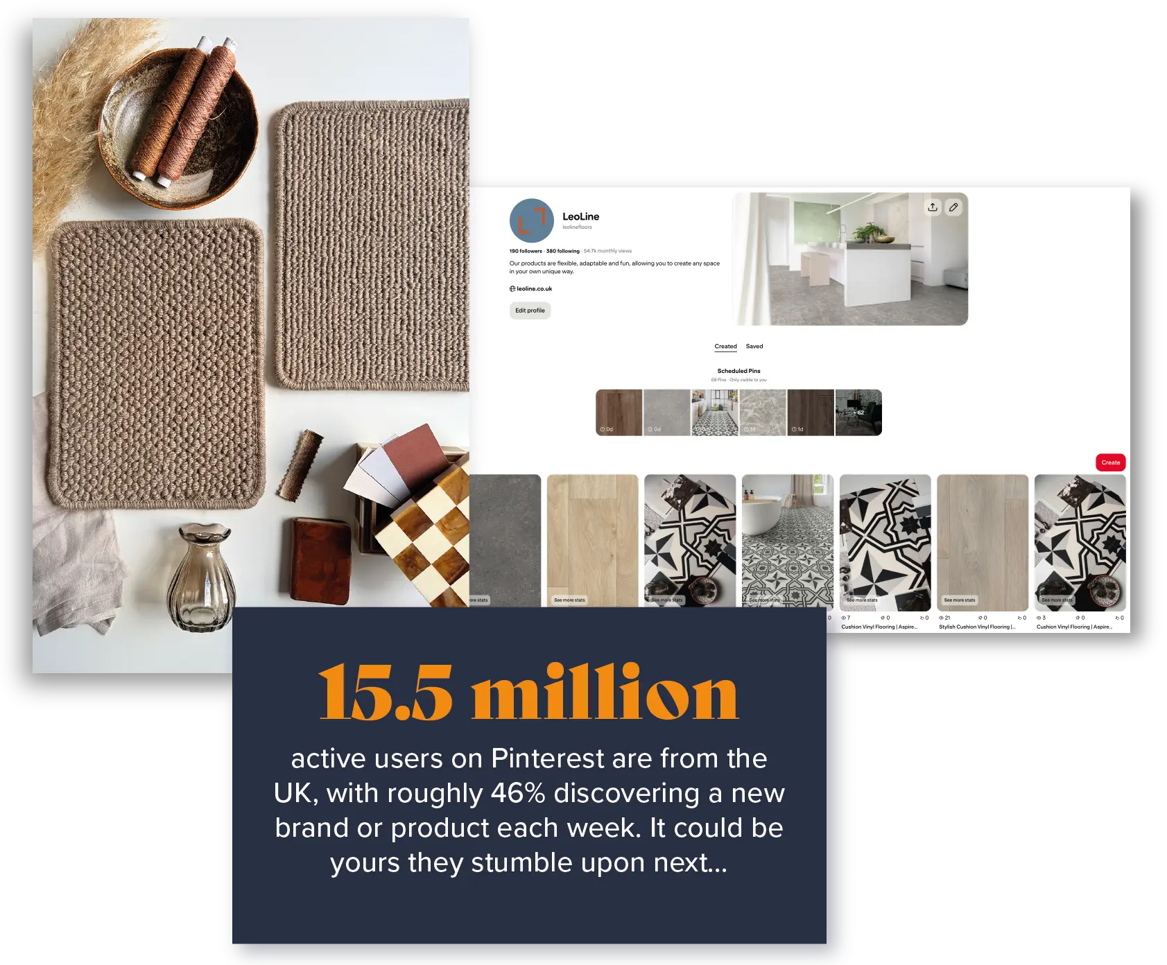 Two examples of Pinterest content produced by Select First, and a statistic on Pinterest users.