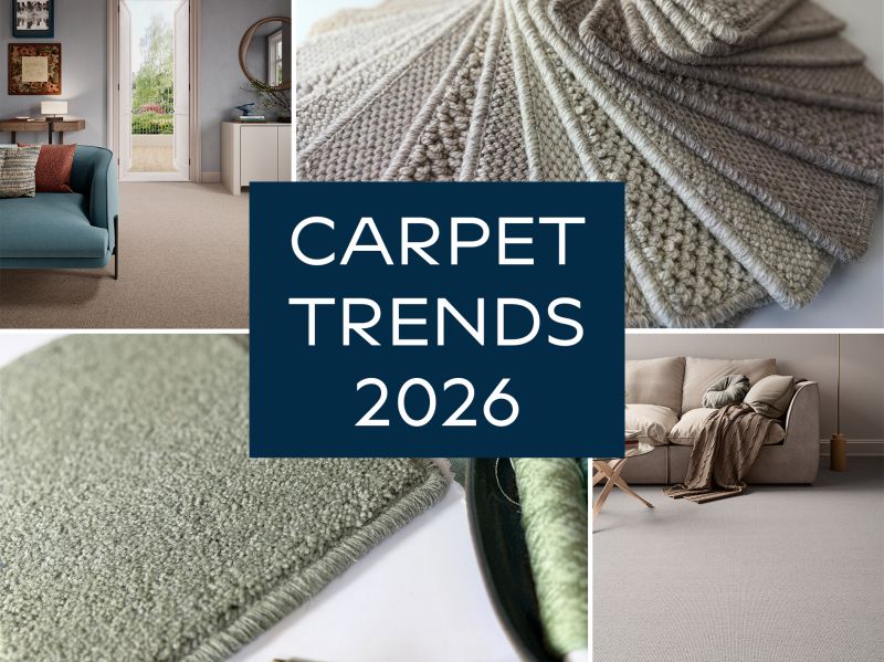 A visual for social media using four different images promoting different carpet trends for 2026.