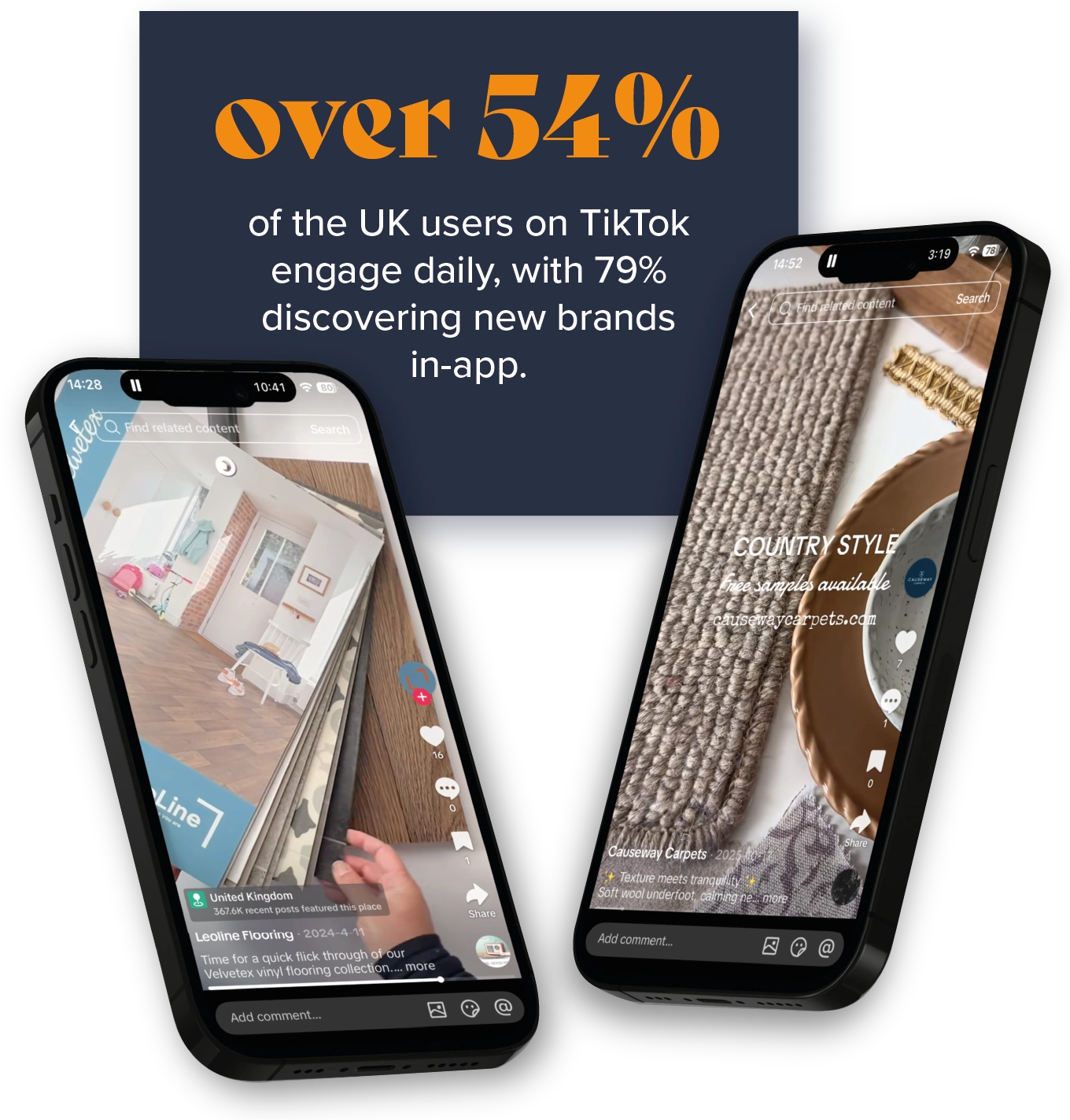 Two examples of TikTok content produced in-house at Select First, with a statistic on UK user engagement on this platform.