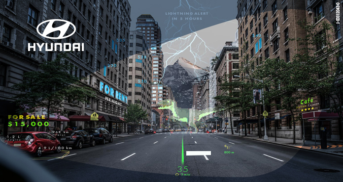Proyección de realidad aumentada holográfica sobre el parabrisas de un Hyundai