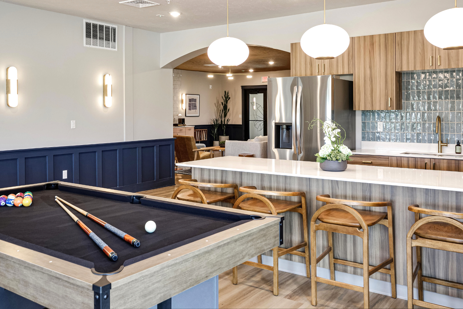 Clubhouse with billiards table and kitchen