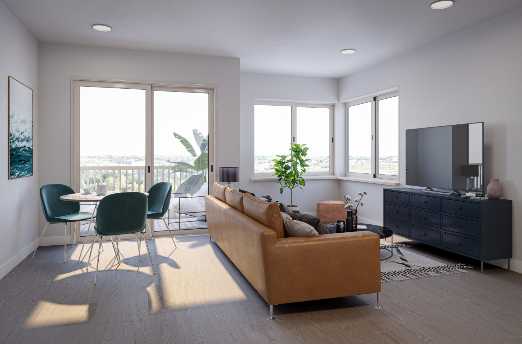 Wide view of contemporary living area with sofa, coffee table, and tv and dining room with table and chairs
