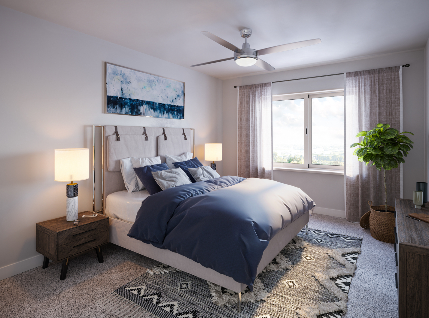 Wide view of contemporary bedroom with bed, bedside table, lamp, plant and large window