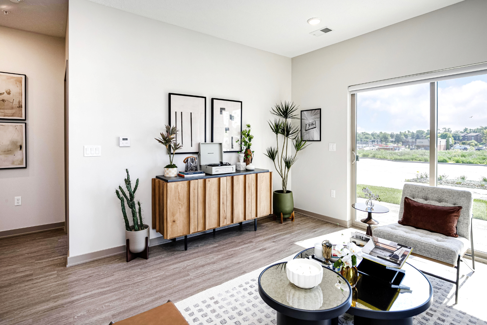 Living area with tv, coffee table, and decor