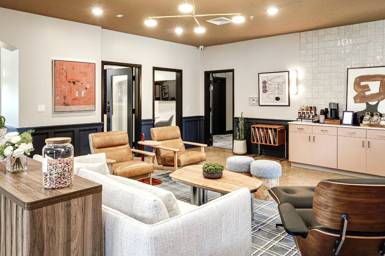Wide view of clubhouse coffee bar and lounge area