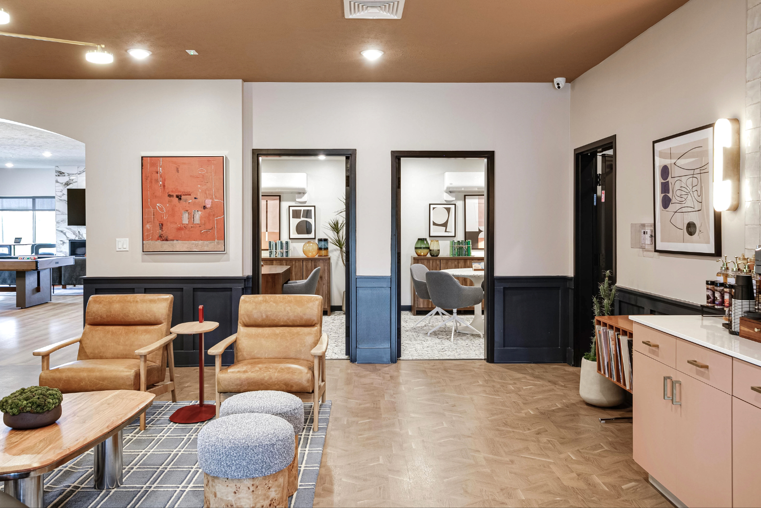 Clubhouse view of lounge and private workspaces
