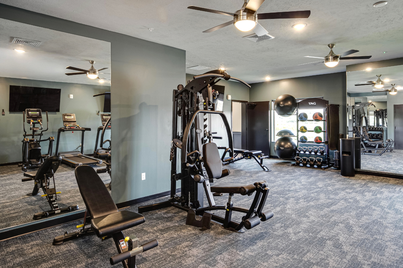 Clubhouse gym with weight machine and yoga balls