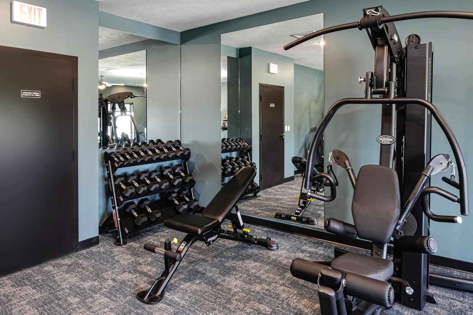 Clubhouse gym with dumbbells and weight machine
