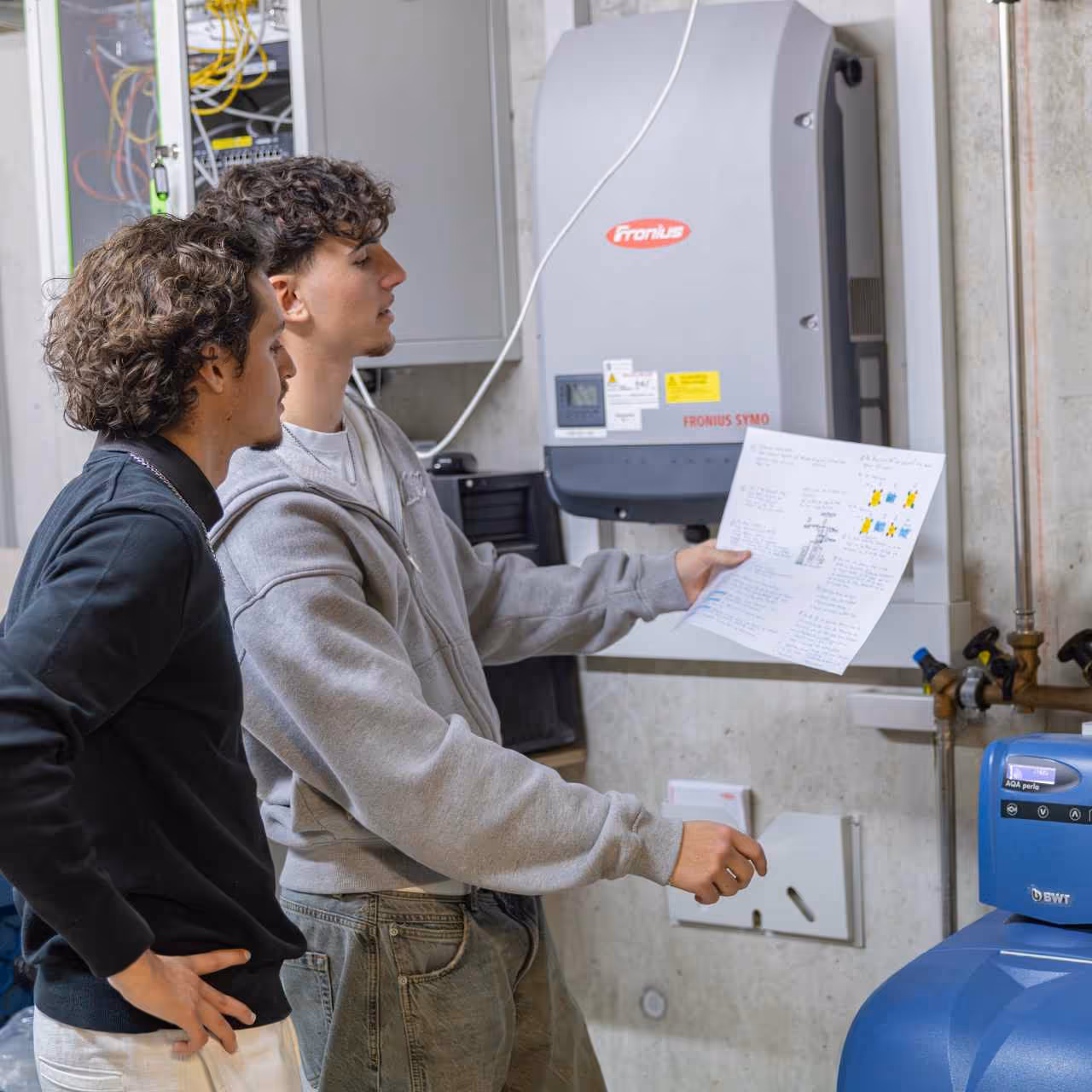 Zwei junge Männer prüfen technische Geräte an einer Betonwand, einer hält einen Notizzettel mit Skizzen und Notizen.