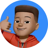 Smiling male avatar with brown hair wearing a red hoodie making a call-me hand gesture on a blue circular background.