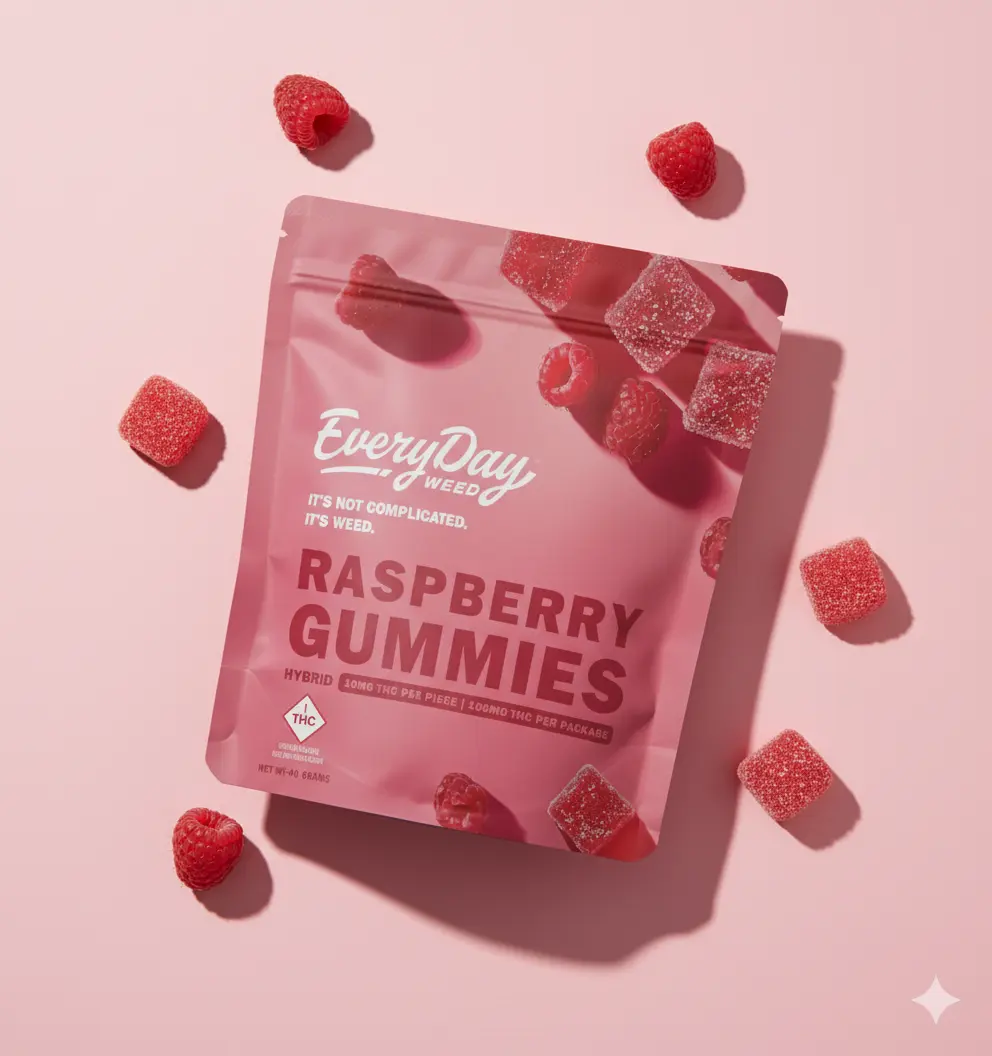 Pink package of Everyday Weed Raspberry Gummies surrounded by sugar-coated red gummy squares and fresh raspberries on a pink background.