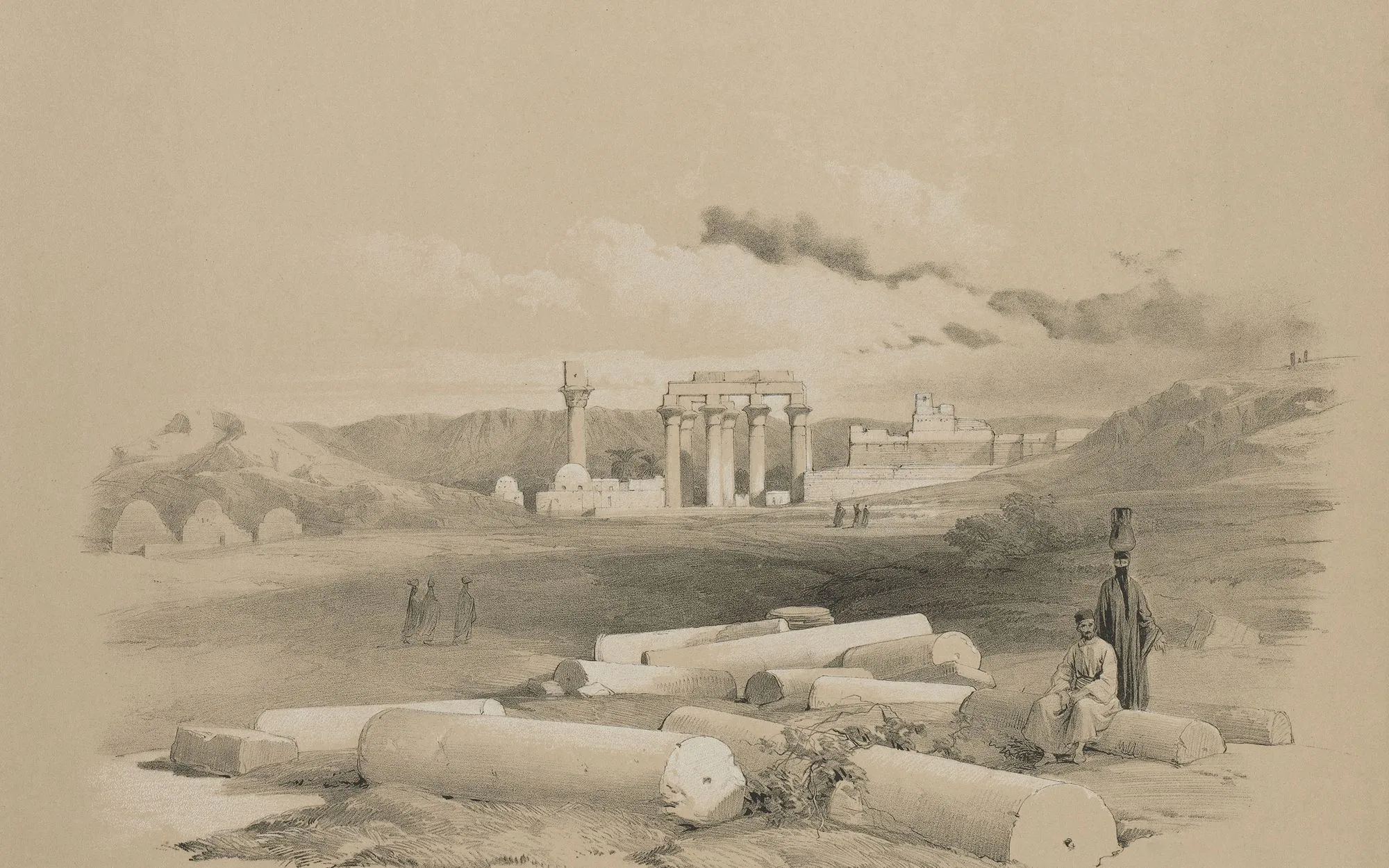 Historical sketch of ancient ruins with fallen columns in the foreground and standing columns with temple structures in the background, accompanied by people in traditional attire.