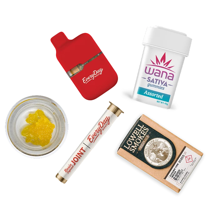Variety of cannabis products including a red vape cartridge case, a container with yellow concentrate, a pre-rolled joint in a branded tube, a white container of Wana Sativa gummies, and a pack of Lowell Smokes.