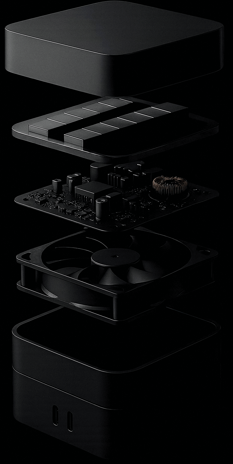 Exploded View Of Compact Unit With Board And Fan PromptEngine Webflow Template | BRIX Template