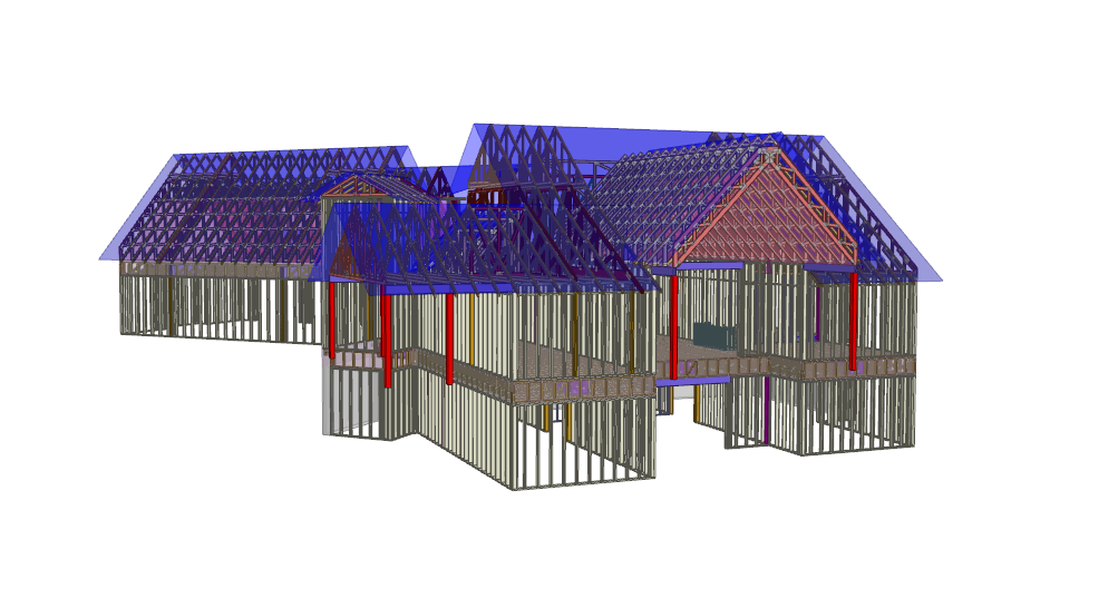 3D architectural model showing a large residential building's wooden frame structure and roof trusses with semi-transparent blue roof covers.