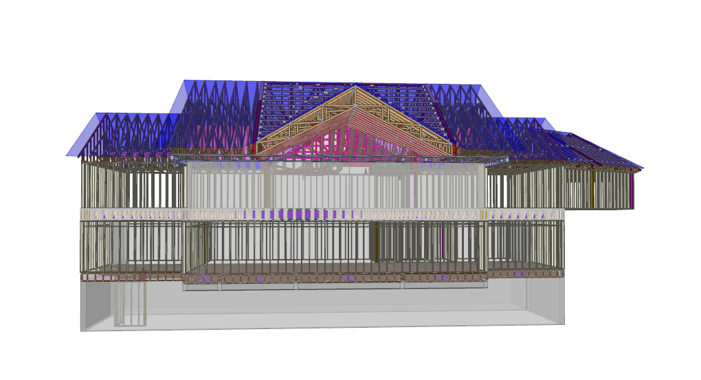 3D architectural model of a two-story house showing wooden framing and roof truss design with transparent roof planes.