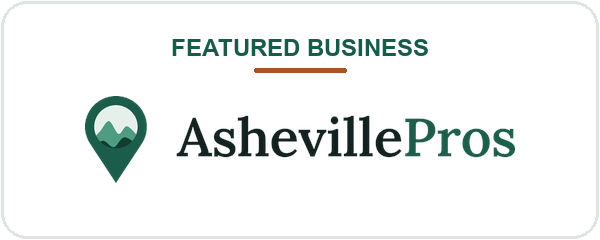 Badge with text Featured Business and logo with mountain inside a map marker, AshevillePros.