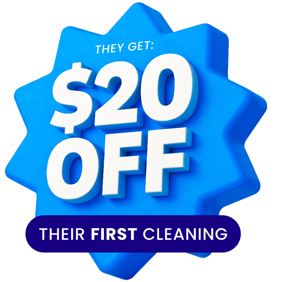 Blue starburst badge stating they get $20 off their first cleaning.