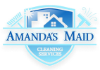 Amanda's Maid logo featuring a house silhouette and a blue and gray shield design.
