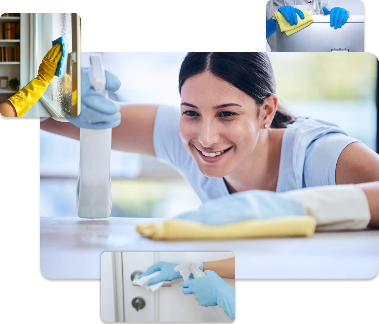 Collage of people cleaning: woman smiling while spraying and wiping a surface, hand wiping a window with a sponge wearing yellow gloves, person cleaning a refrigerator door with blue gloves holding a yellow cloth, and hands wearing blue gloves disinfecting a door handle.