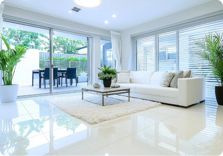 Bright modern living room with white sofa, shaggy rug, coffee table, and large windows looking out to a patio with outdoor dining set.