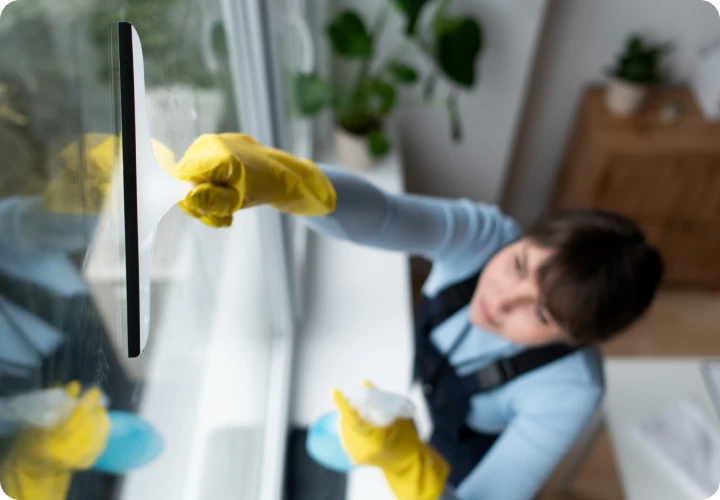 Bright modern living room with white sofa, large windows, potted plants, and glass sliding doors opening to outdoor patio with black chairs.