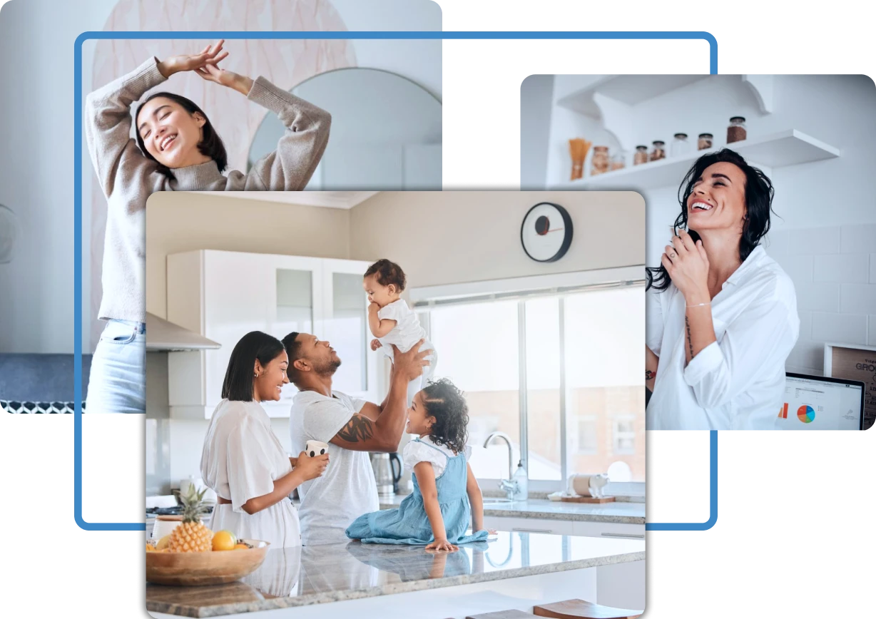 Collage of three images: a woman stretching joyfully, a smiling woman in a kitchen, and a family with two children enjoying time together at a kitchen island.