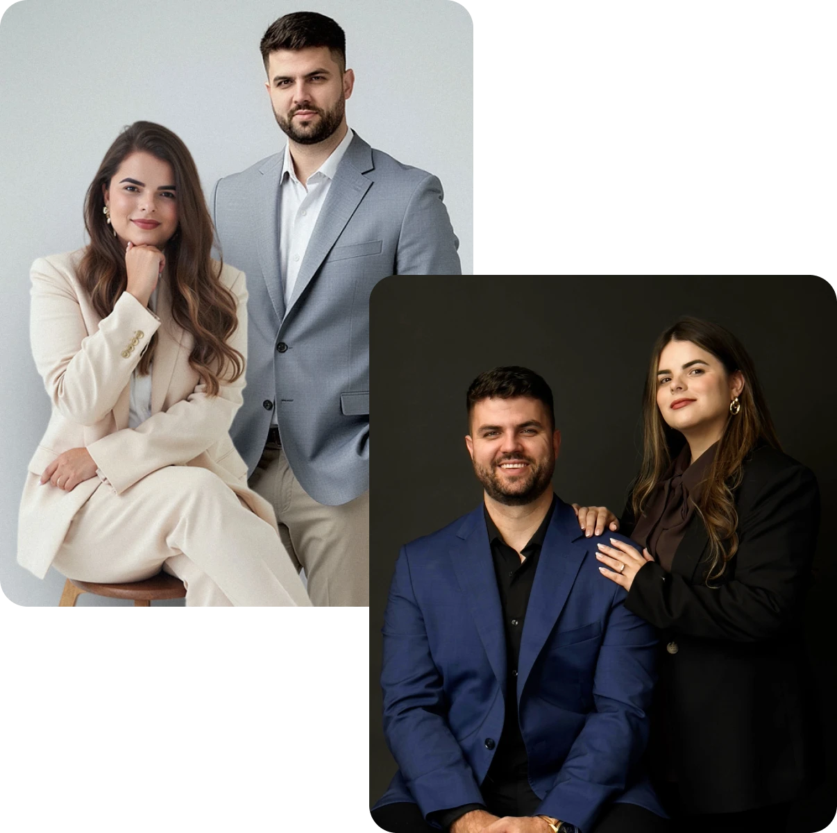 Two professional portraits of a man and a woman posing together, dressed in formal attire with the woman sitting and the man standing in one image, and the man sitting with the woman standing behind him in the second image.